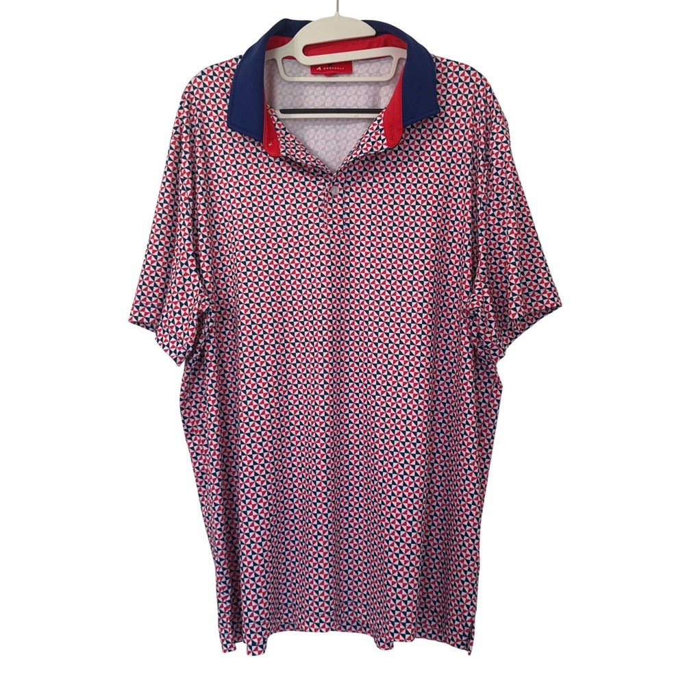 REDVANLY Mens XL Golf Polo Shirt Red White Blue Geometric Performance Stretch